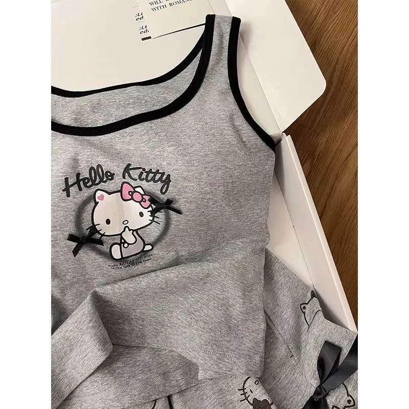 Sanrio Casual Comfortable Set With Chest Mat Ins Style Summer Kawaii Pajama Cute Girl Hello Kitty Tank Top Shorts Home Clothing