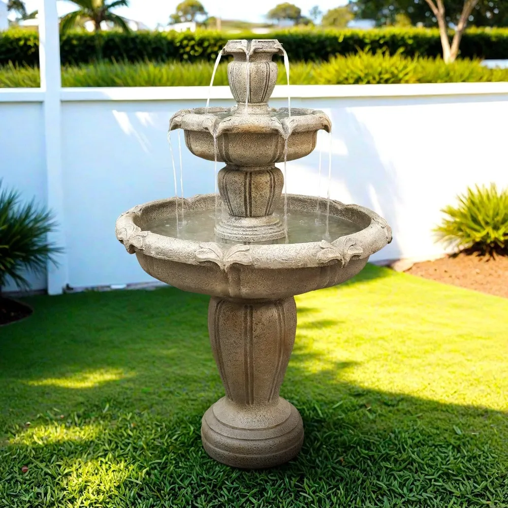

48” High Modern Concrete Outdoor Water Fountain, 3 Tiered Large Floor Water Fountain and Waterfalls with Electric Pump