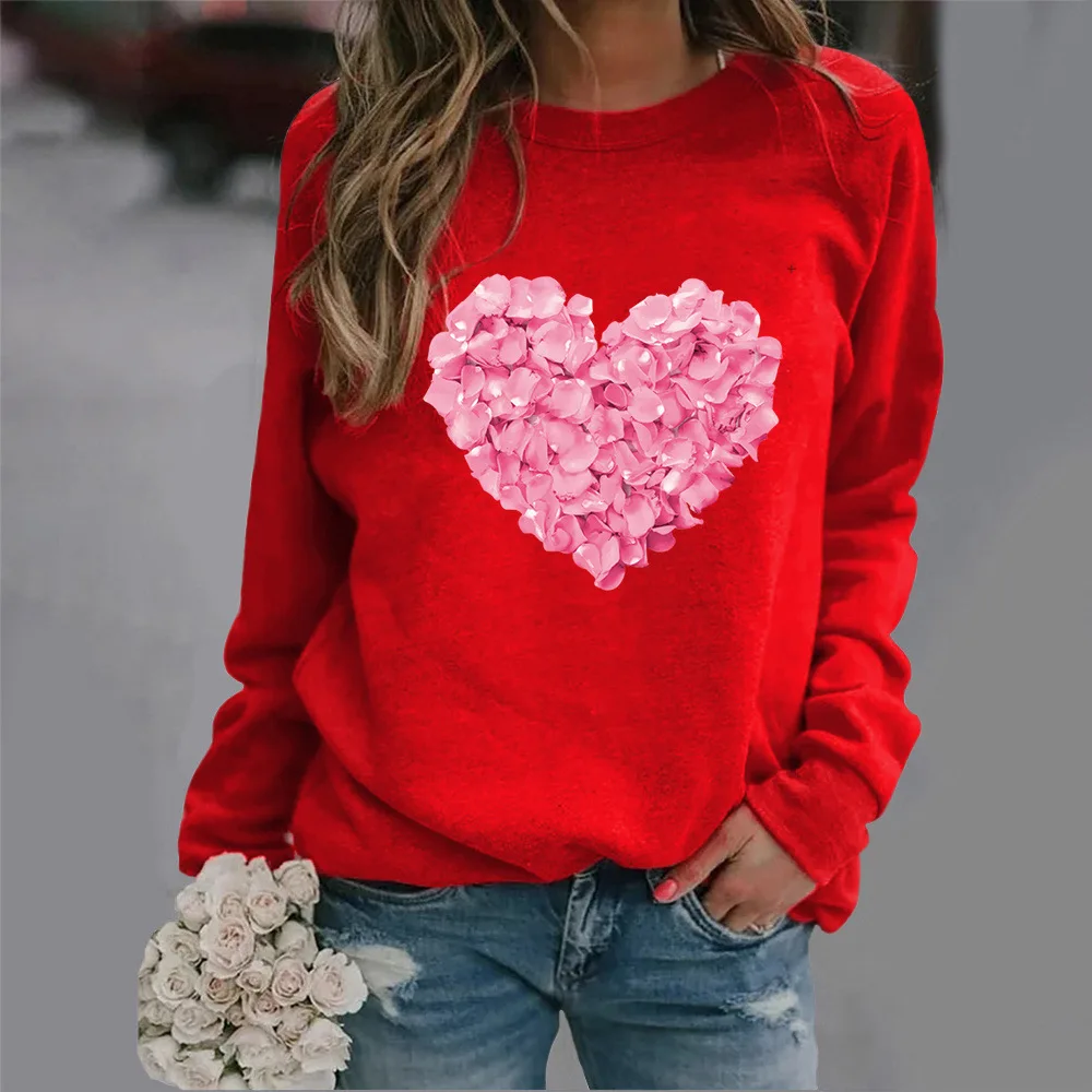 Crew-neck Hoodie Pink Petal Love Print New European and American Valentine\'s Day Hot Sales Streetwear Women Sweatshirt