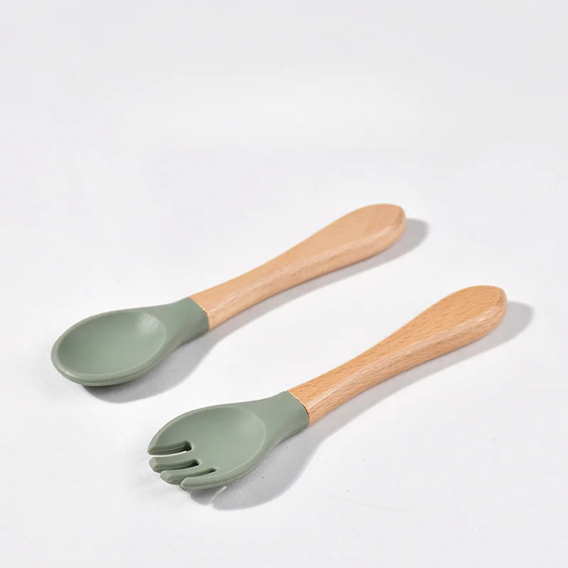 Children Wooden Handle Silicone Fork Spoon Baby Utensils Soft Resistant To Falling Feeding Cutlery Food Fork Spoon Baby Items