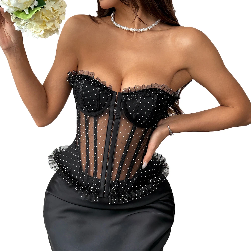 Women Polka Dot Lace Strapless Top Sexy Sheer Button-Front Lace Up Back Padded Cups Bustier Y2K Baddie Night Club Party Tops