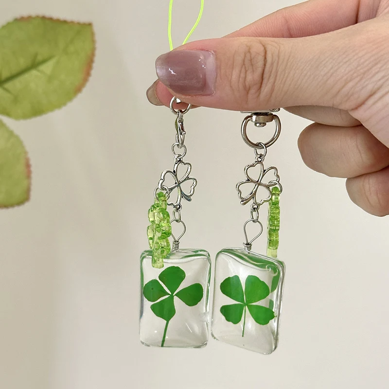 

Ремешок для телефона Lucky Four Leaf Clover, зеленый стеклянный брелок Lucky Clover, цепочка для мобильного телефона, подвеска, аксессуары для ключей