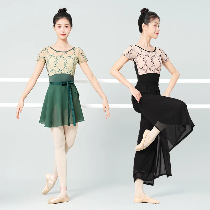 Kobieta trykoty baletowe hafty krótkie rękawy trykoty taneczne nylon Splice krzyż Hollow Back trykot gimnastyczny body baletowe — zdjęcie 6