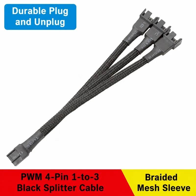 4Pin PWM Fan Splitter Cable 1 to 3, 27cm PC Fan Hub Extender Adapter for CPU Case Fans, 24AWG Tinned Copper Wire