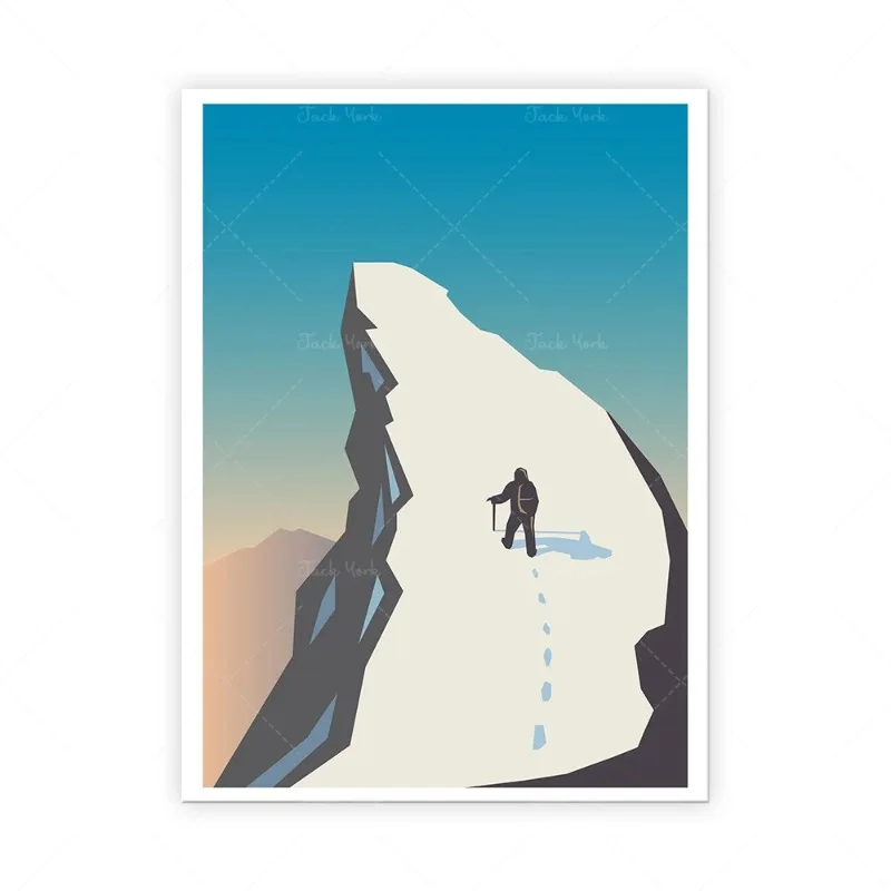 Winter Mountain Trekking Art Set, Scandinavian Hiking Landscape Decor, Colorful Nordic Mountain, Minimalist Sunrise Scenery