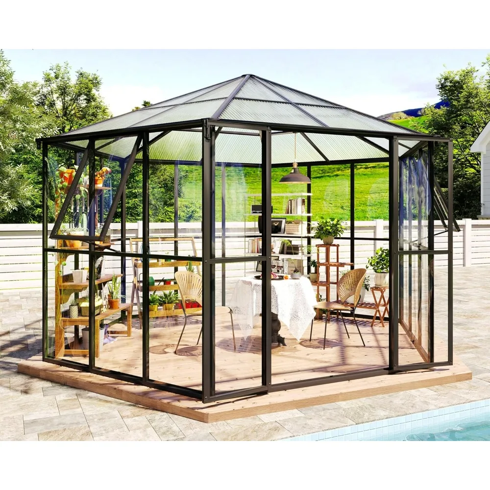 12x10x8 FT Hexagonal Greenhouse with Quick-Connect Fittings, 2 Vents, Walk-in Aluminum Greenhouse with 2 Swing Doors, Greenhouse