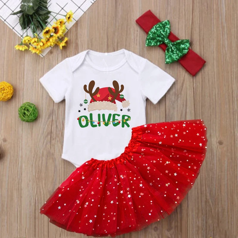 Personalized Christmas Baby Girl Romper + Dress Set Custom Name Red Tutu Cake Dresses & Romper Outfit Toddler Girl Xmas Jumpsuit