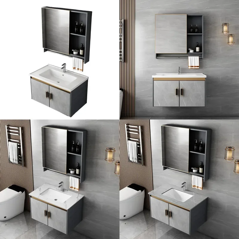 for Space Aluminum Rock Slab Bathroom Cabinet Combination Small Apartment Wash Basin Integrated Washbasin Sink Vanity Unit