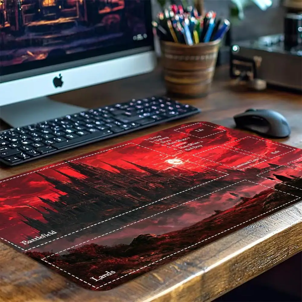 Dark Red Moon Castle Large Gaming Desk Mat Non-Slip Rubber Stitched Edges Playmat for Card Game PC Laptop Daily Scenarios