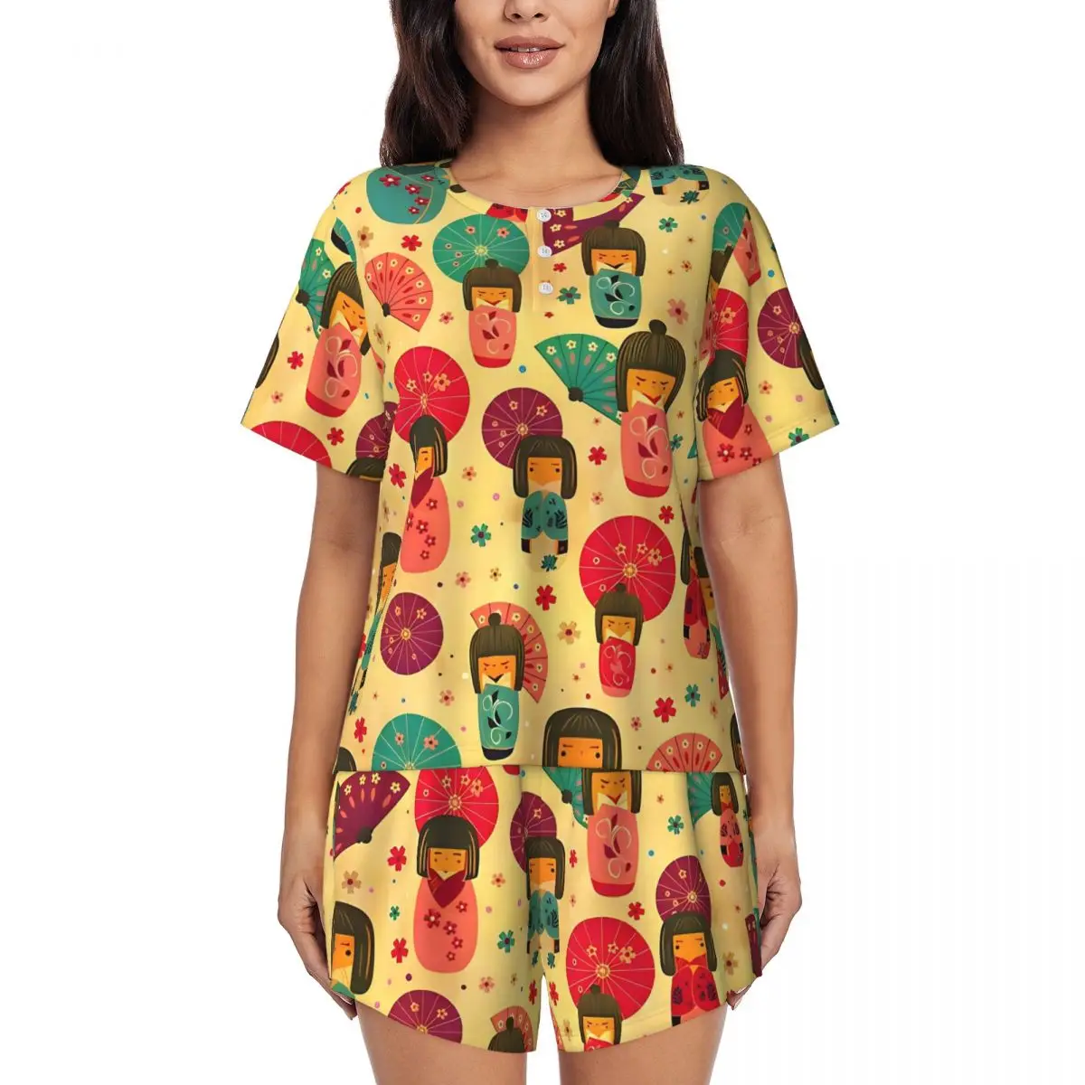 

Cute Japanese Dolls Pajamas Women Kokeshi pattern Romantic Sleepwear Spring Short Sleeve Two Piece Bedroom O Neck Pajama Sets