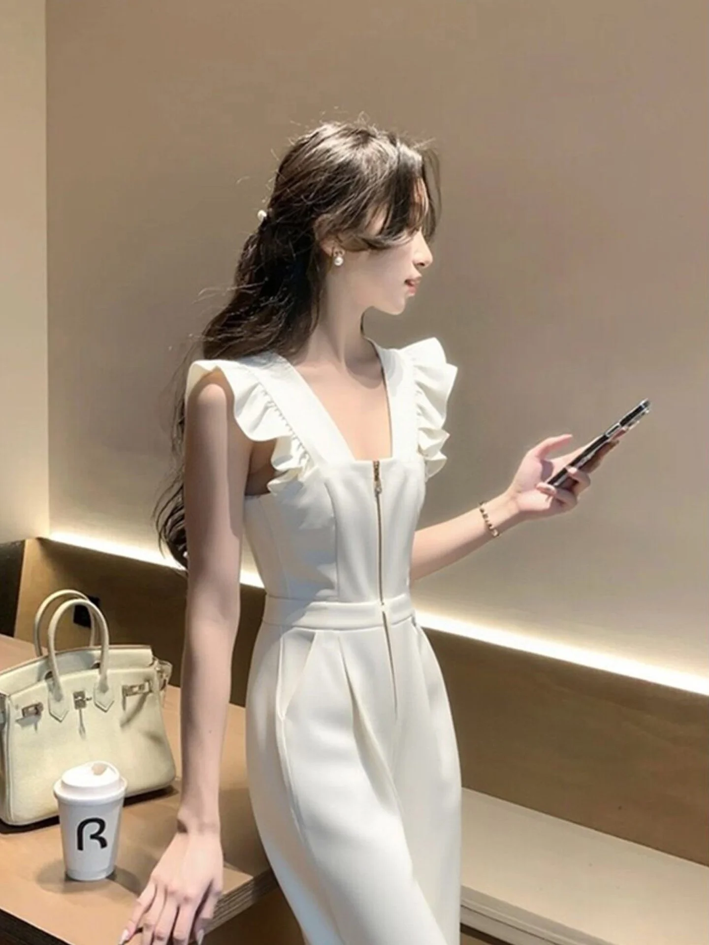Korean Style High-End Sensation  Age-Defying Fashionable One-Piece Pants Women's Autumn New Small Flying Sleeve Whit...