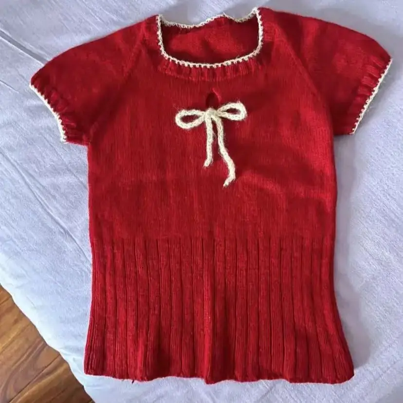 Big red short sleeved round neck pullover vest loose and comfortable hand woven mohair sweater autumn styles for women