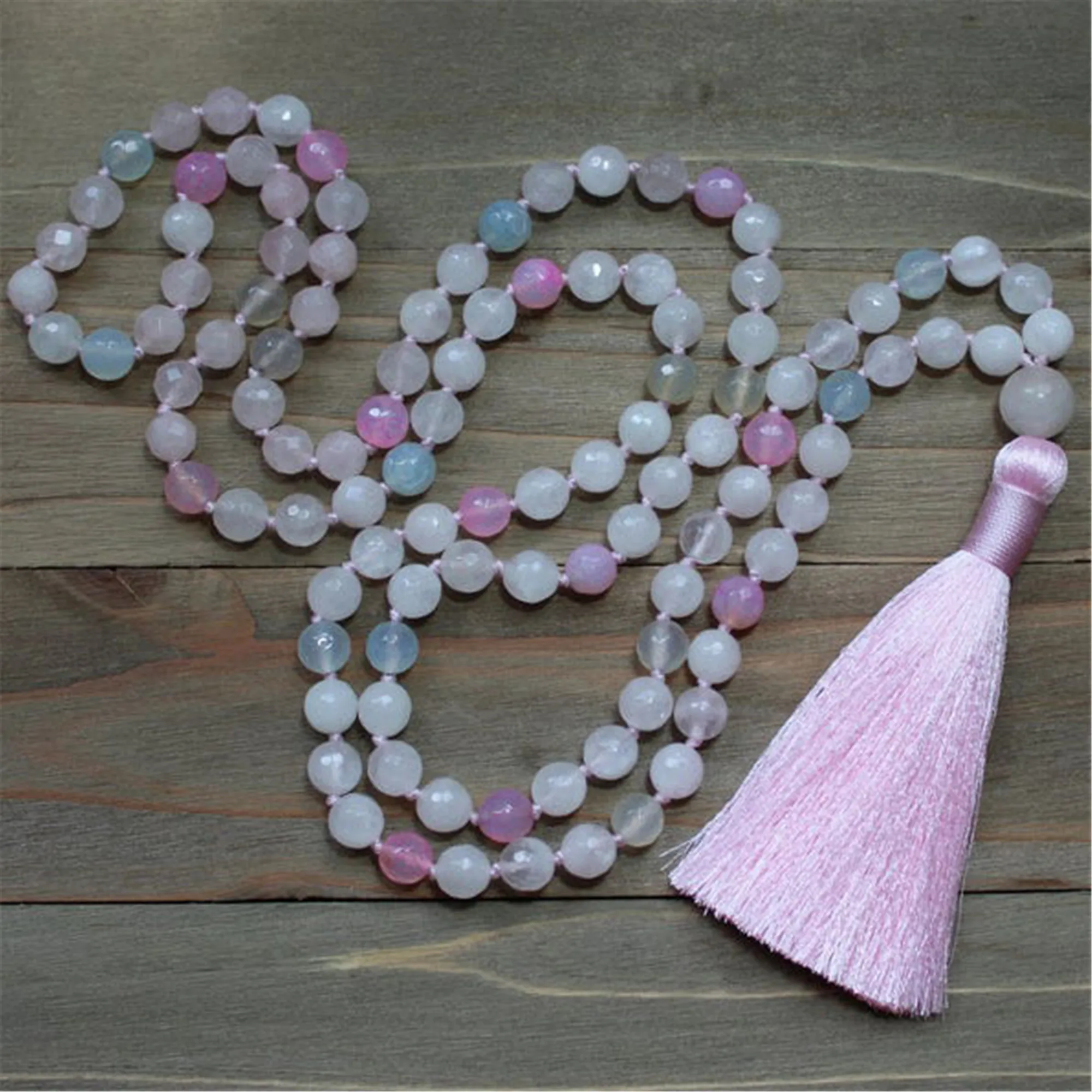 6mm Natural Rose Quartz 108 Beads Handmade Tassel Necklace Formal event Wood Metal Fashion accessory Minimalist Statement Bridal