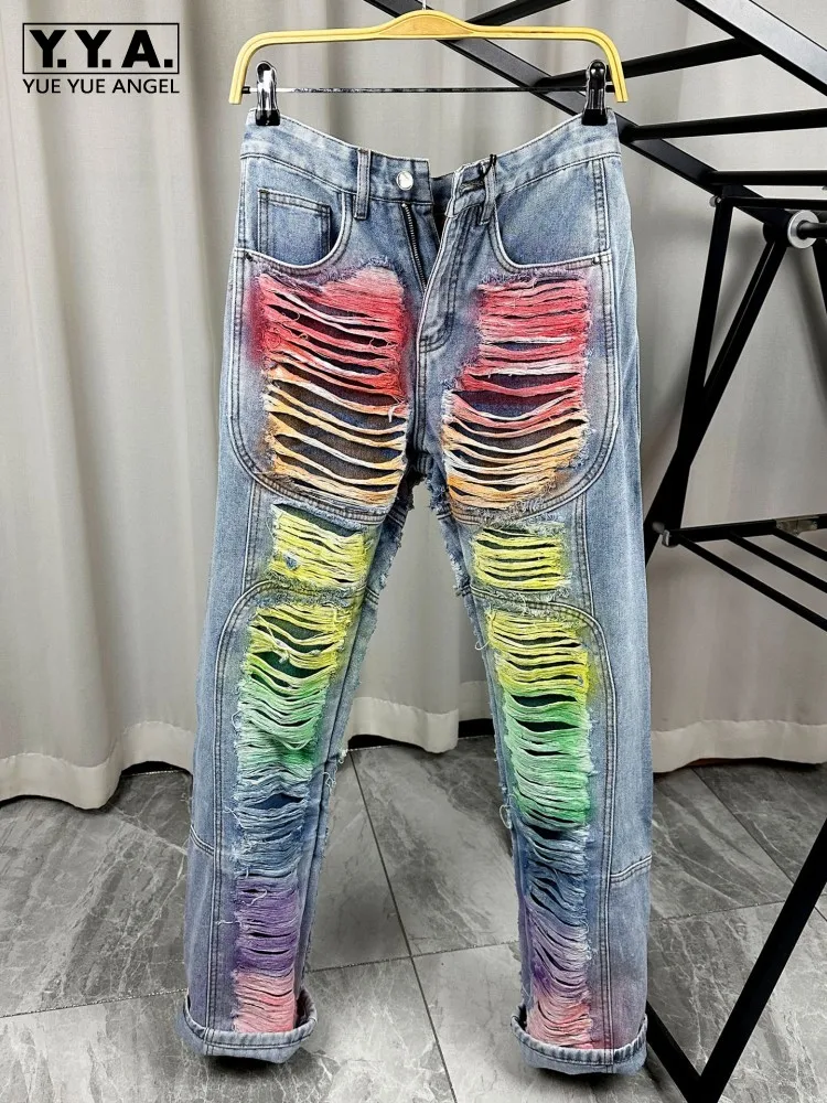 Fashion Mens Colorful Printed Hole Ripped Baggy Jeans Hip Hop Stage Show Denim Straight Pants Casual High Street Cowboy Pants