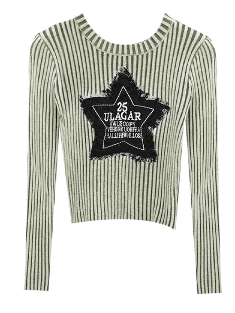 Fall Woman American Vintage Striped O-neck Crop Sweaters Star Pullovers Long Sleeve Gyaru Tide Jumper Knitwears Y2k Streetwear