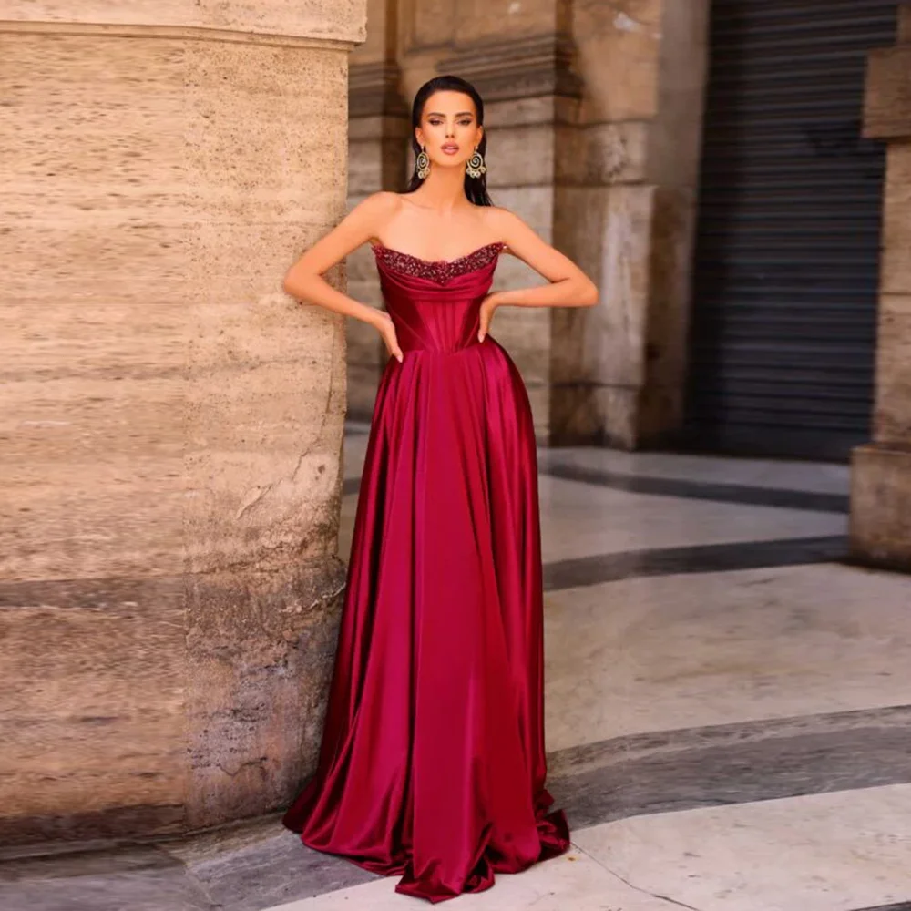 

Modest Bridal Off-Shoulder Satin Pleated Formal Evening Dress A-line Backless Beaded Sequins Long Prom Gown Vestidos De Novia