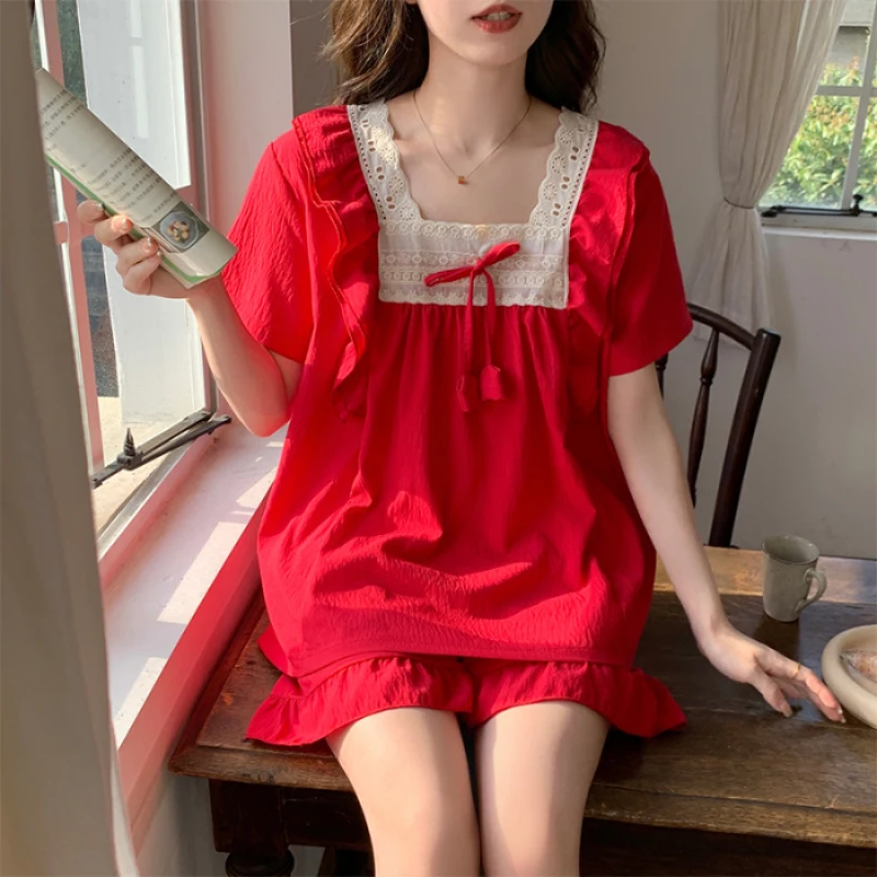 Korean Ins Simple Style Sweet Y2k Women\'s Nightgown Cloud Cotton Square Collar Pajamas with Bra 2024 New Summer Female Sleepwear