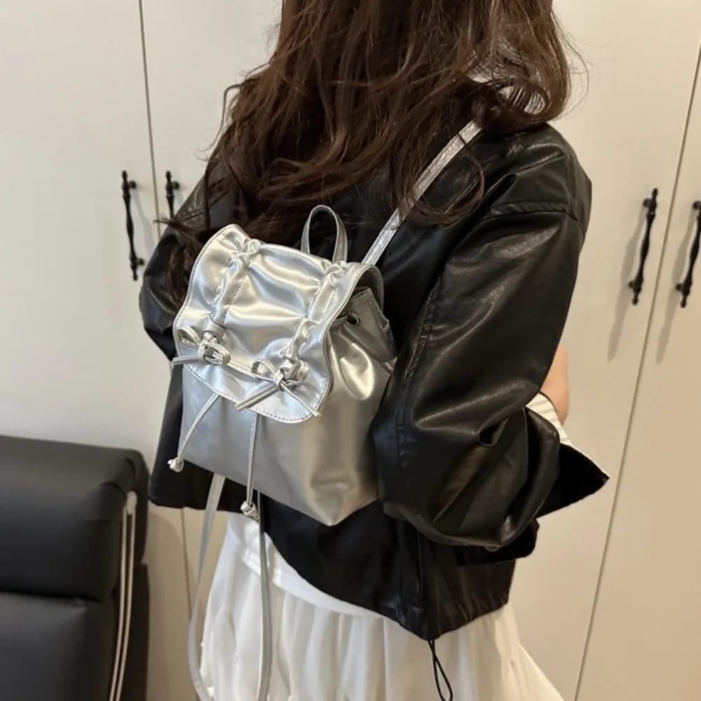 

Portable Tie Bow Backpack Large Capacity Solid Color Pu Leather Backpack Handbag Korean Style Student School Bag Spicy Girl