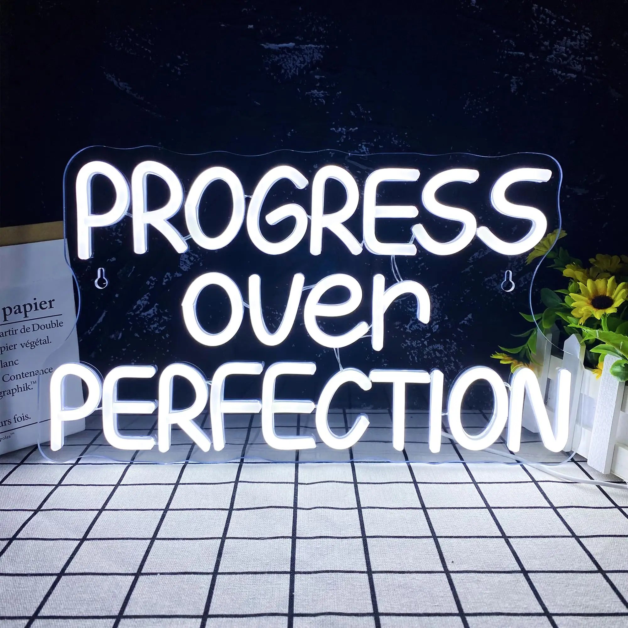 

Progress Over Perfection Neon Sign LED Dimmable USB Wall Light for Growth Mindset Classroom, Motivational Office Decor Gift