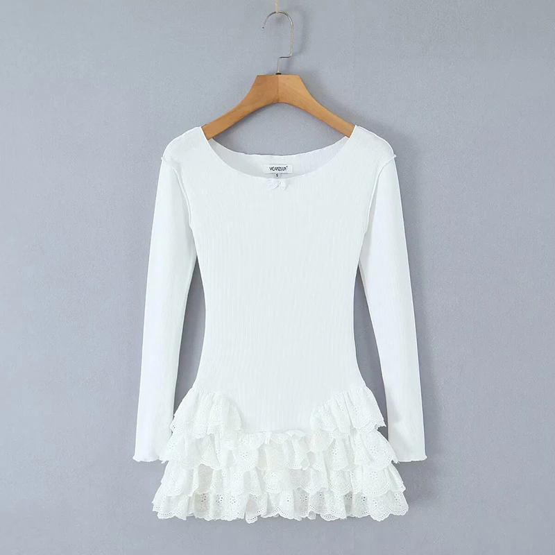 فستان نسائي مكشكش برقبة دائرية وأكمام طويلة، تنورة قصيرة بخياطة مكشكشة متتالية لربيع وصيف، فستان أنيق جديد بلون سادة #4