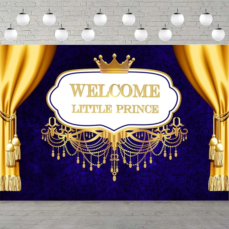 خلفية التصوير الفوتوغرافي الأمير الأزرق الملكي التاج الذهب اللامع خلفية للأطفال ملصق تزيين حفلة عيد ميلاد سعيد