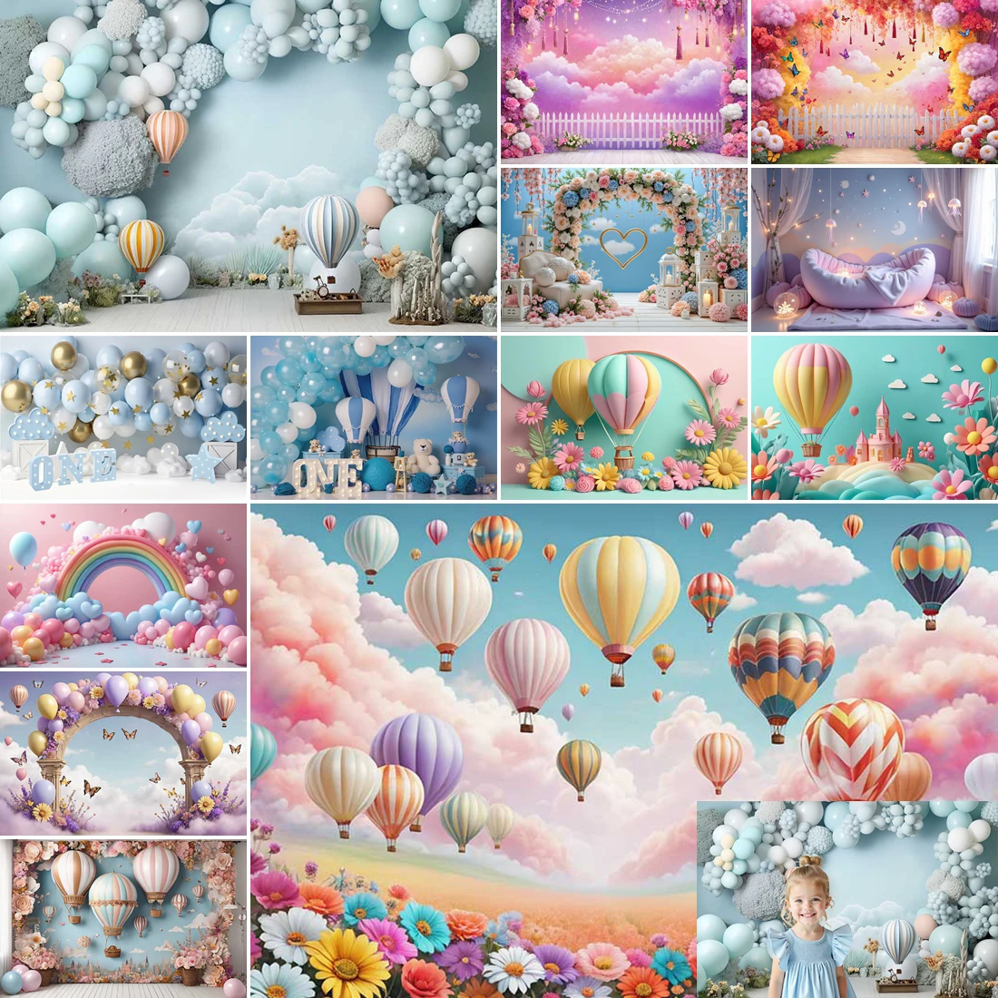 

MOON.QG Hot Air Balloon Backdrop Cake Smash Girl Baby 1St Birthday Photo Background Rainbow Star Bear Boy Birthday Portraits