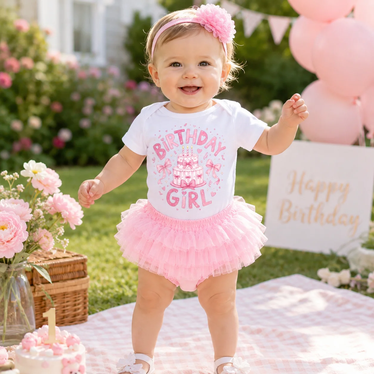 Baby Girl 1st Birthday Outfit 3Pcs Set Birthday Girl Cake Print Romper Pink Tutu Skirt Flower Headband Toddler First Birthday Pa