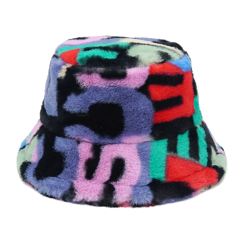 2022 New Winter Luxury Faux Fur Fluffy Warm Bucket Hat Woman Men Letter Print Panama Plush Velvet Fisherman Winter Hat Bob