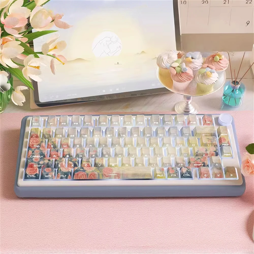 Higurashi No Kagura Keycap Set PBT Side Engraved Translucent Rose Bloom Theme Keycaps for Mechanical Keyboards 61/64/104