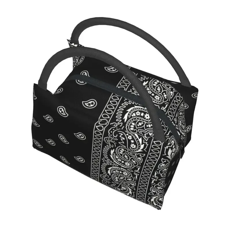 Black And White Paisley Chicano Bandana Style Thermal Insulated Lunch Bags Women Black And White Portable Lunch Meal Food Box