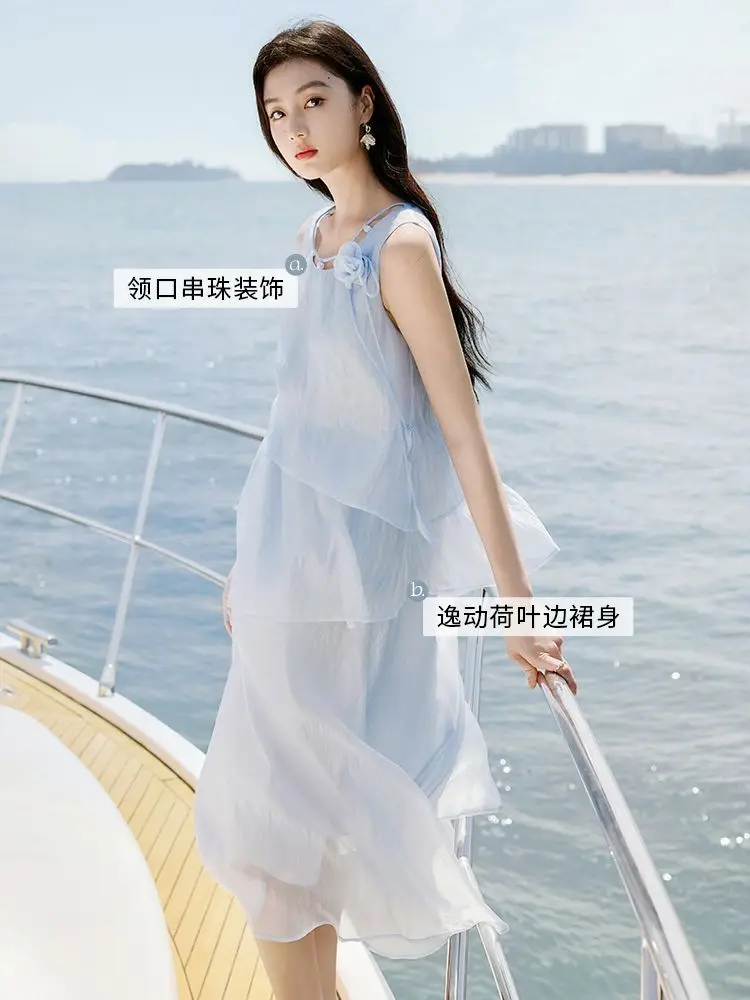 新しいフランスのサマードレスの女性のファッションノースリーブフリルエッジ気質カジュアルドレス無地休日ビーチ Vestidos