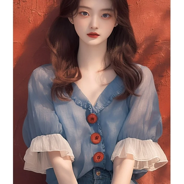 

Ele Blue Summer irt Women's Faionable Korean Sle Sweet Soft Wind Beautifully Designed Lace Sve Blouse Commute Sle