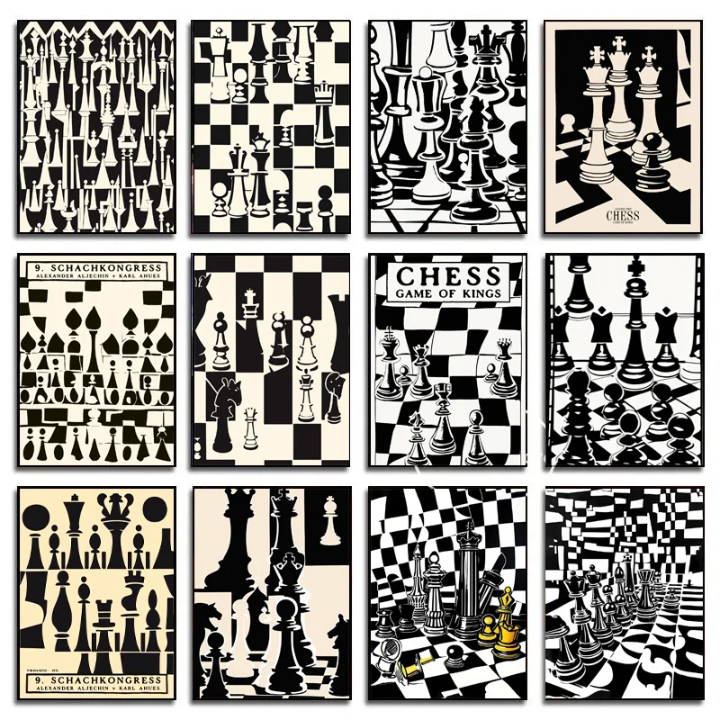 Retro Abstract Simple Black and White Checker Chess Layout Visual Canvas Painting Prints Living Room Wall Pictures Decor