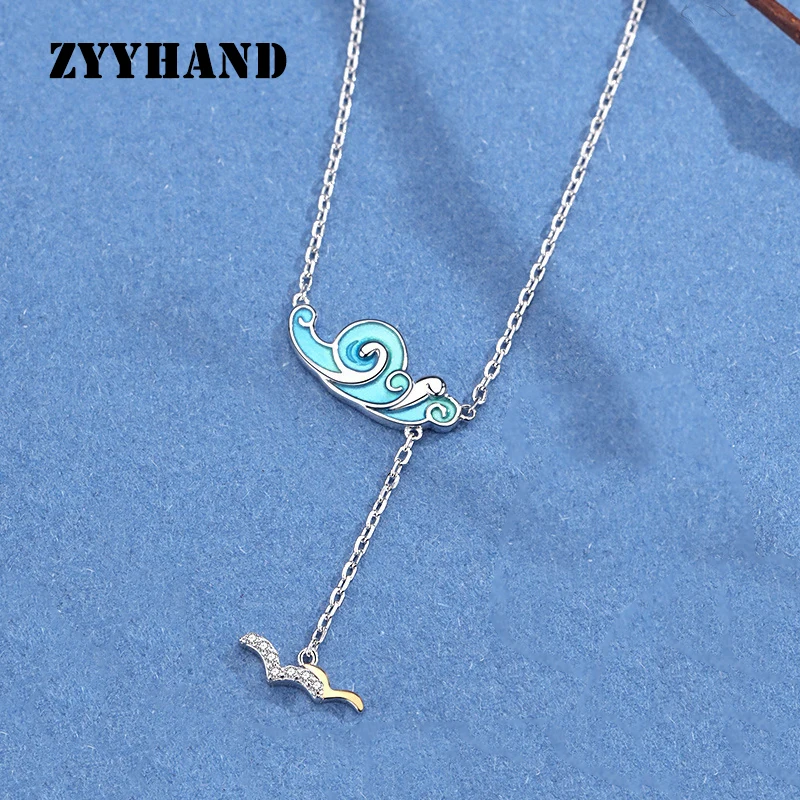 Platinum-Plated Wave Sea Gull Women Necklace Girl Cross Chain Enamel Copper Alloy Clean Stone Pendant Jewellery