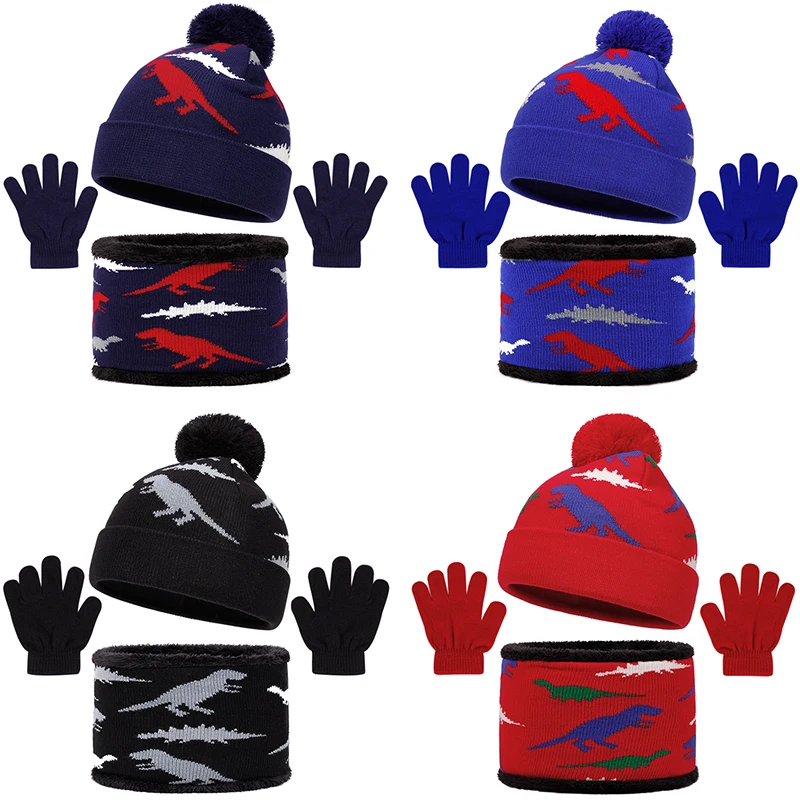

Winter Kids Hat Glove Scarf Cartoon Dinosaur Boys Knitting Hats Outdoor Ear Protection Beanie Cute Christmas Accessories 2-6Y