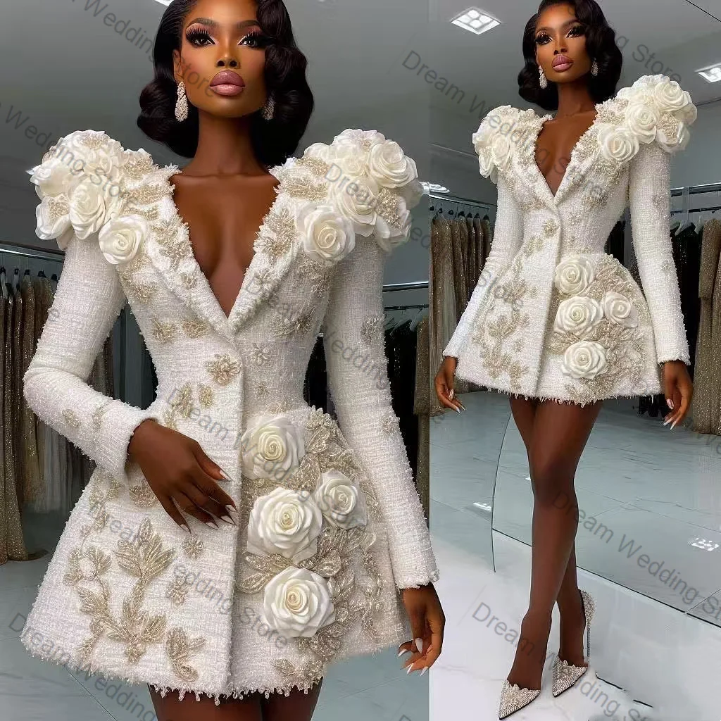 

Pearls Luxury Women Suit 1 Pcs Long Blazer+Prom Dress 3D Flower Cotton Formal Office Lady Jacket Customized Wedding Guest Coat