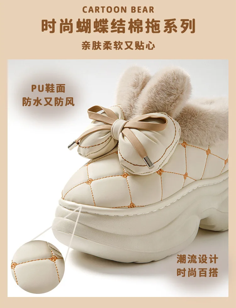 8 cm hohe Pantoffeln für Damen, klobige Plattform, Winter, pelzige Schleifenschuhe, Damen-Hausschuhe aus Kaninchenfell, wasserdichte Hasen-Mules, Clog-Schuhe – Detail 15