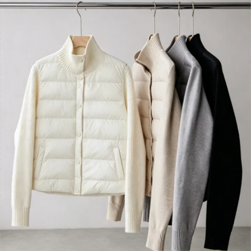 Korean Style Patchwork Short Jacket For Women Stand Up Collar Windproof Pockets Female Autumn Winter New Padded Down Jacket Coat