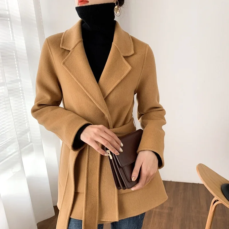 

21 Tide Double-sided Woolen Coat Women's Short Hepburn Suit Collar 100% Wool Coat for Women Elegant Clothes Chaqueta Feminine F