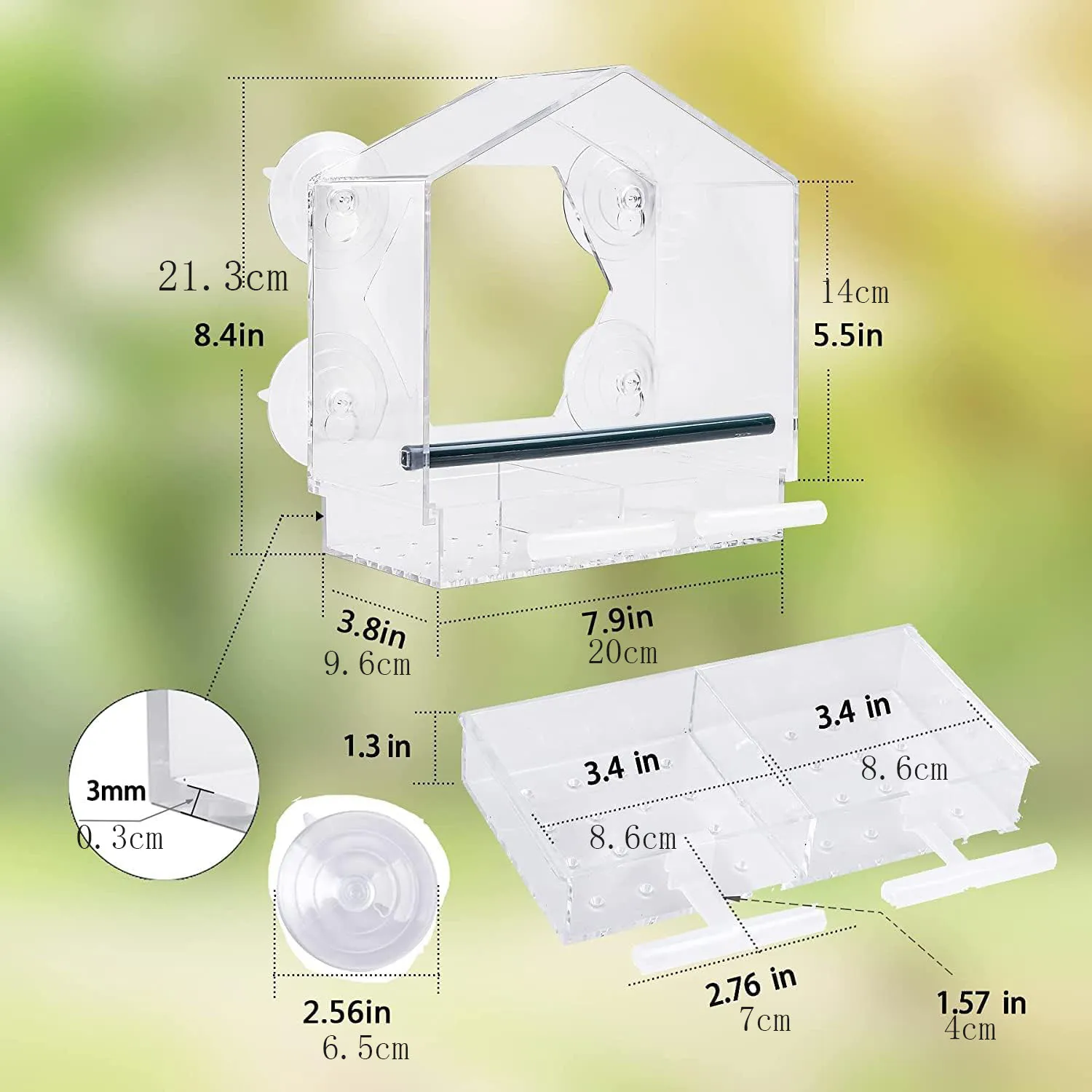 Window Bird Feeder, Large Outdoor Bird House Feeder with 4 Powerful Suction Cups and 2 Extra Bird Racks, Removable