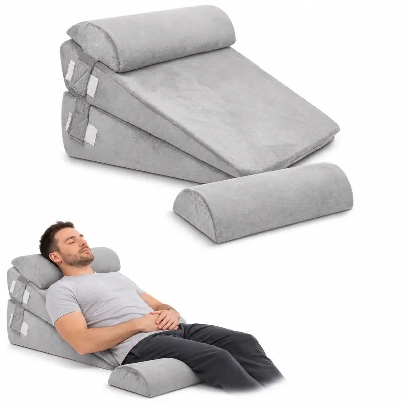 Adjustable 4Pcs Memory Foam Wedge Pillow for Acid Reflux Snoring Post Surgery Neck Back Leg Elevation Reading Bed Rest Pillow