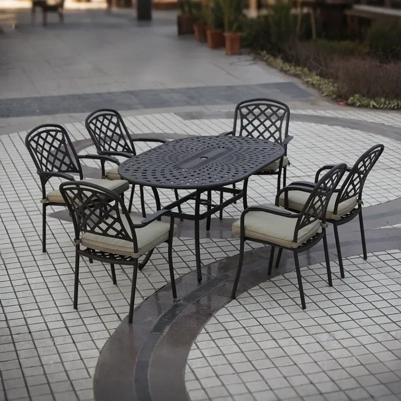 for European Outdoor Aluminum Alloy Oval Dining Table and Chairs Large Long Platform Garden Courtyard Villa Terrace Leisure