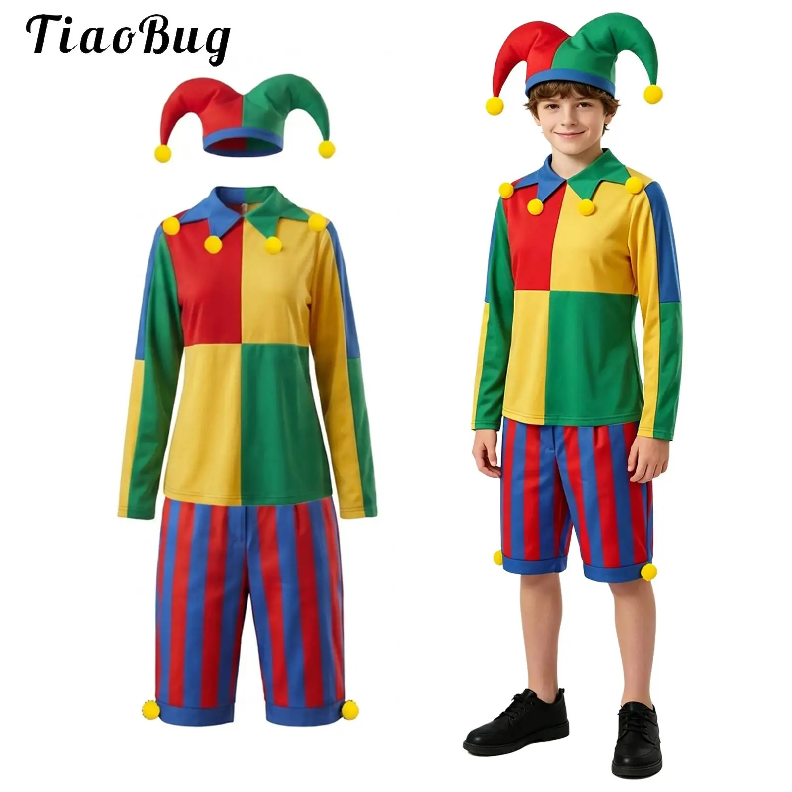 Child Clown Costume Boys Color Block Long Sleeve Top And Stripe Shorts Clown Hat ﻿School Halloween Circus Performance Uniform