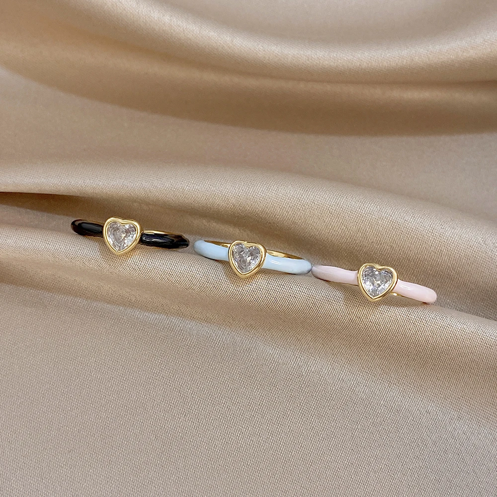 AENSOA Cute Dainty Heart Shape Stackable Band Gold Plated Multicolor Enamel Inlaid Heart CZ Delicate Slim Rings For Women Daily