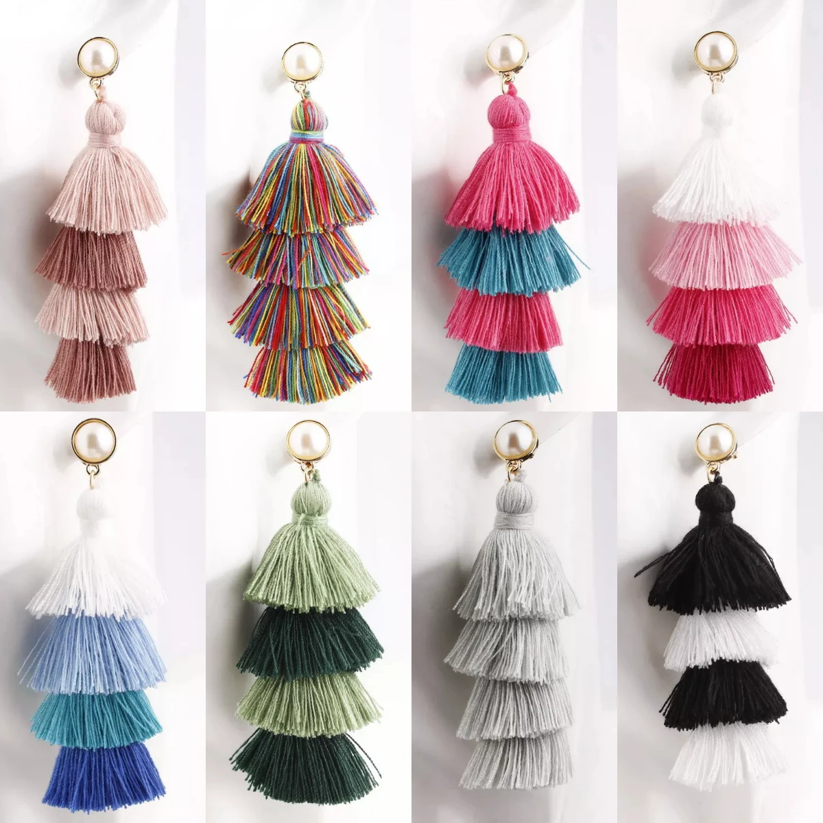 Boho Pearl and 4 Layered Cotton Tassel Statement Earrings Women Handmade Jewelry Gifts Wholesale
