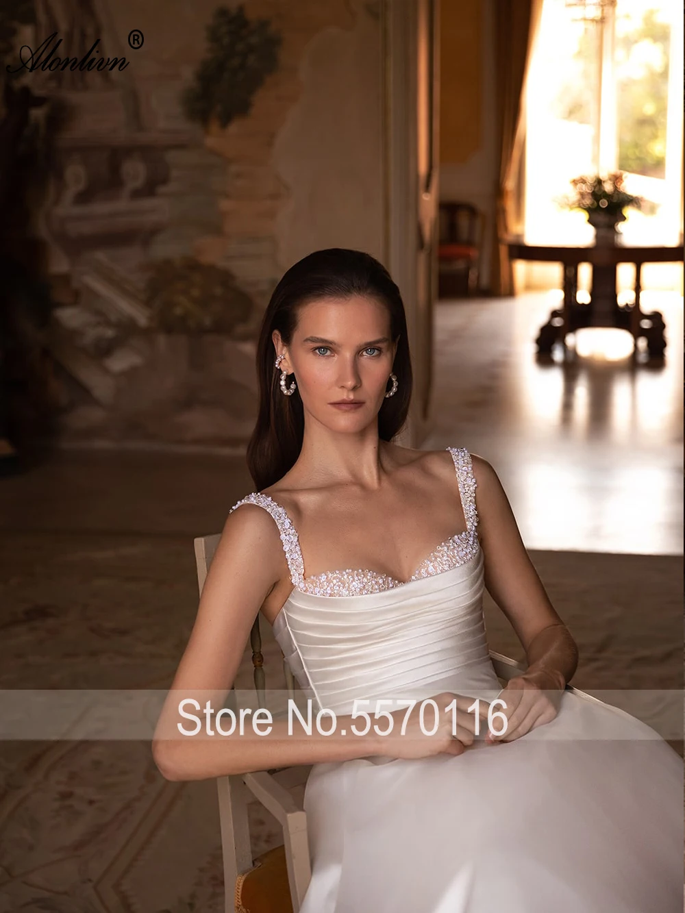 Alonlivn Luxury Satin Pleats Beading Pearls Sweetheart A-Line Wedding Dresses With Spaghetti Straps Custom Made