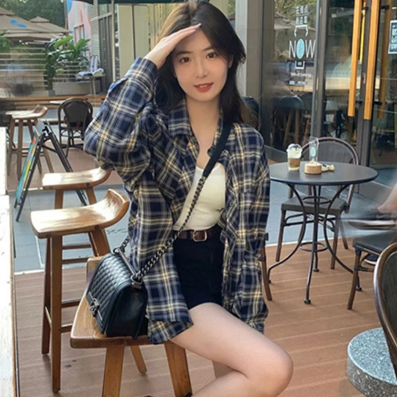 Shirts Women Plaid Vintage Students Couples Long Sleeve Spring Autumn Loose Korean Style Casual Single Breasted Chic New Tops