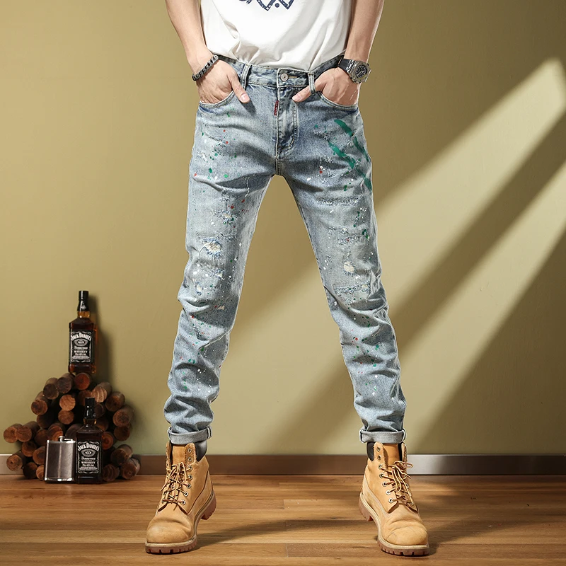 

Ele Men's Jeans Spring 2023 Printed Slim Fit Elastic Paint Splatter Long Pants Cotton Stretch Denim mid Waist Youth Trend