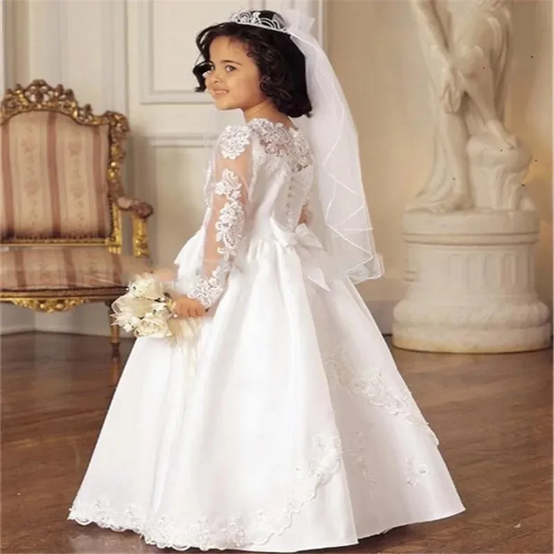

White Girls Birthday Party Dresses Bow Lace Flower Girl Dresses Floor Length Baby Wed First Communion Dresses Customized