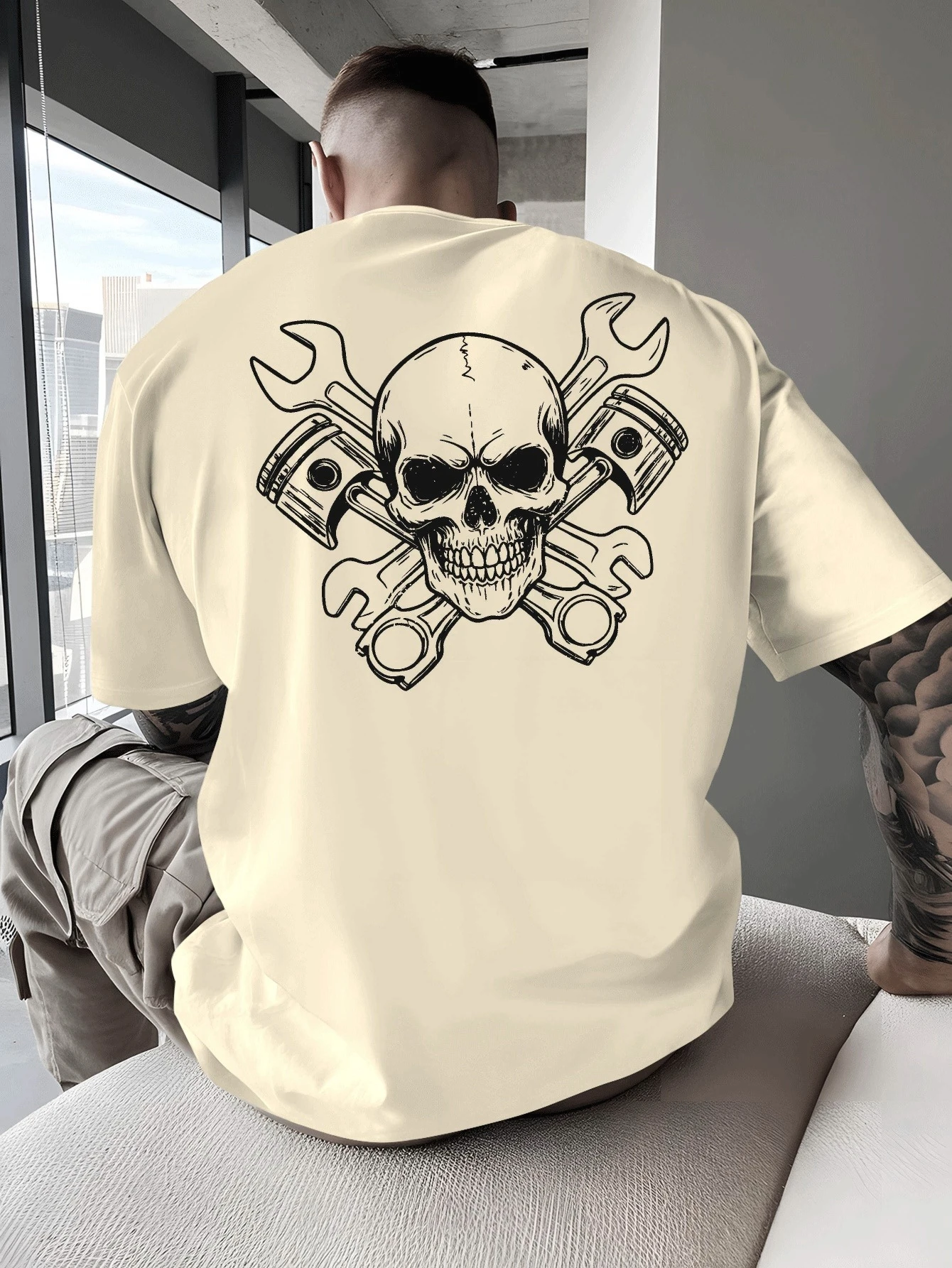 Skull Crossed Wrenches Biker Culture Men's T Shirt Fitness Sports Cotton Tee Casual Oversized Summer Spring Loose Top Streetwear